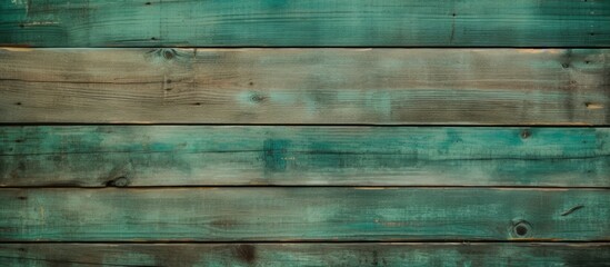 Fototapeta premium This close-up showcases an old, dilapidated wooden wall with horizontal green-stained planks. The faded green paint adds character and texture to the weathered wood.