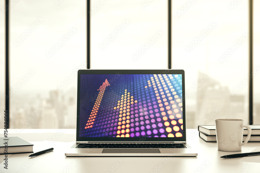 Poster creative abstract upward arrows hologram on modern computer monitor, leadership and motivation conce