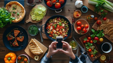 A woman holding a smartphone and taking a food photo. - obrazy, fototapety, plakaty