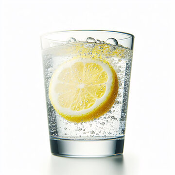 A glass of iced Lemon Sparkling Water isolated on a white background