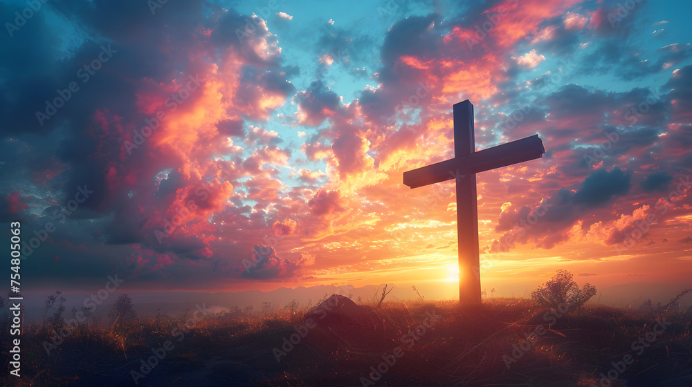 Wall mural a wooden cross on a hill at sunset. the sky is a mix of blue, red, and purple clouds.