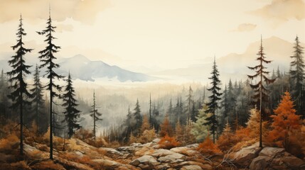 Mountain landscape with pine trees and blue sky in autumn - obrazy, fototapety, plakaty