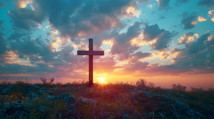 A wooden cross on a hill at sunset. The sky is a mix of blue, red, and purple clouds. - obrazy, fototapety, plakaty
