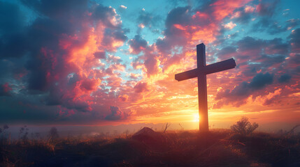 Fototapeta na wymiar A wooden cross on a hill at sunset. The sky is a mix of blue, red, and purple clouds.