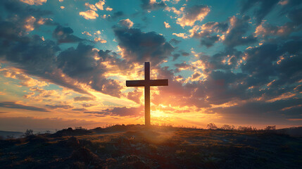 A wooden cross on a hill at sunset. The sky is a mix of blue, red, and purple clouds.