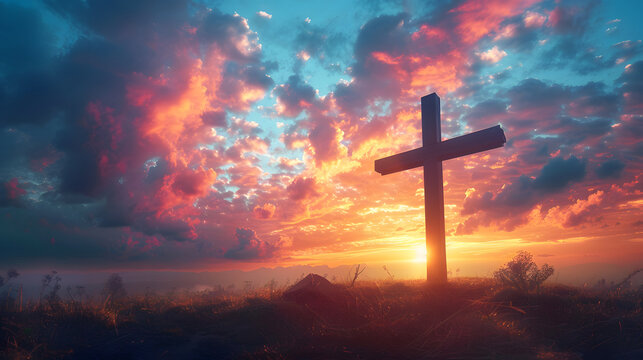 A wooden cross on a hill at sunset. The sky is a mix of blue, red, and purple clouds.