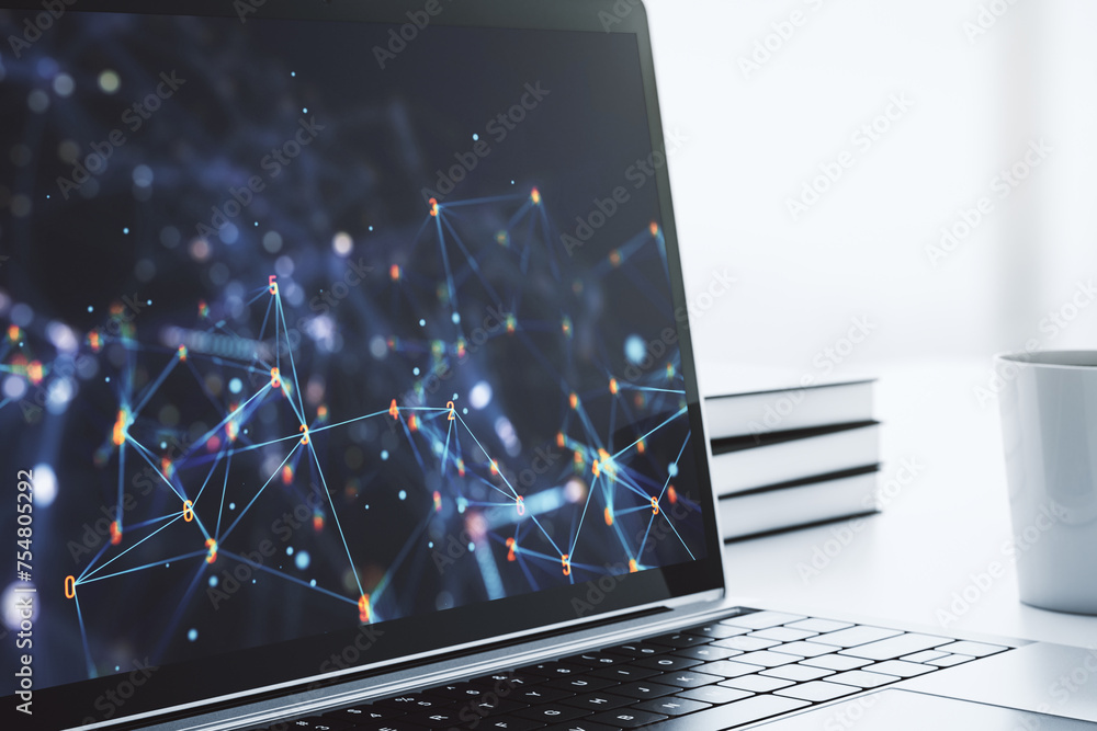 Fototapete Creative abstract wireless technology hologram on modern computer monitor, artificial intelligence and machine learning concept. 3D Rendering