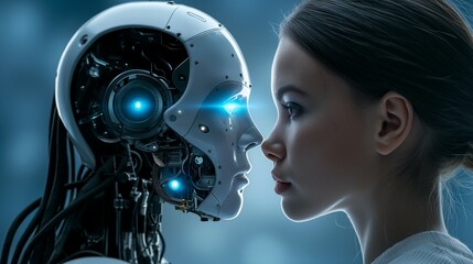 Human And Robot Facing Each Other.