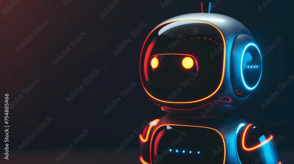 Poster a small bipedal robot with a smooth and metallic body.