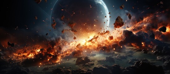 Explosive space scene with planets and stars.