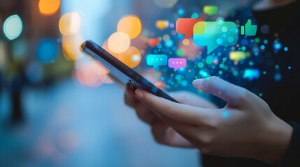 Woman holding smartphone with a blank speech wording and social network icons.
