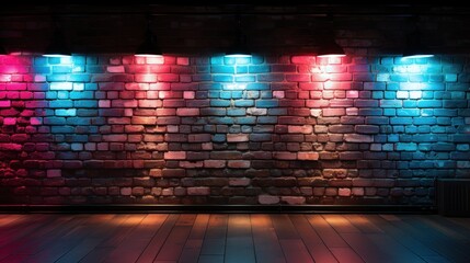 Digital composite of Red and blue neon lights against brick wall with wooden floor - obrazy, fototapety, plakaty