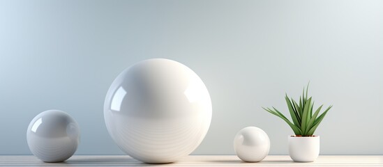 minimalistic composition with a white sphere and a plant.