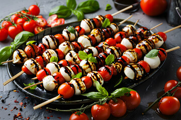 a platter of bite-sized caprese skewers with cherry tomatoes, mozzarella balls, basil leaves, and balsamic glaze