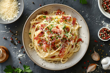 a classic spaghetti carbonara dish featuring al dente pasta tossed in a creamy sauce with crispy bacon bits, grated Parmesan cheese, and freshly ground black pepper