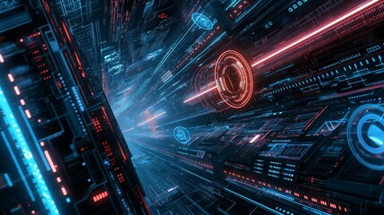 Fototapeta premium Flying Through Digital Hud Science Fiction Cyberspace Wallpaper Background.