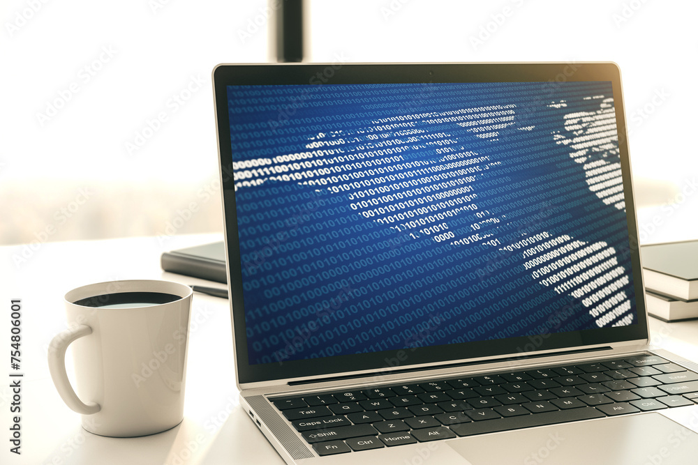 Poster computer monitor with digital america map, global technology concept. 3d rendering