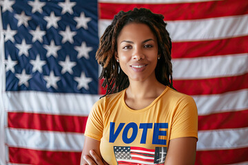 young Black female USA American election voter portrait in front of American flag