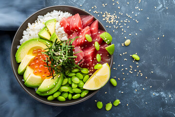 a colorful poke bowl with marinated raw tuna or salmon, sushi rice, avocado slices, edamame beans, seaweed salad, and sesame seeds