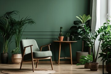 Sage Green Monochrome Interior Design: Contemporary Cozy Living Space with Trendy Furniture and House Plants