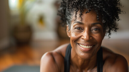 Professional Portrait of an active black African American mature woman smiling and doing fitness pilates at her home gym	
