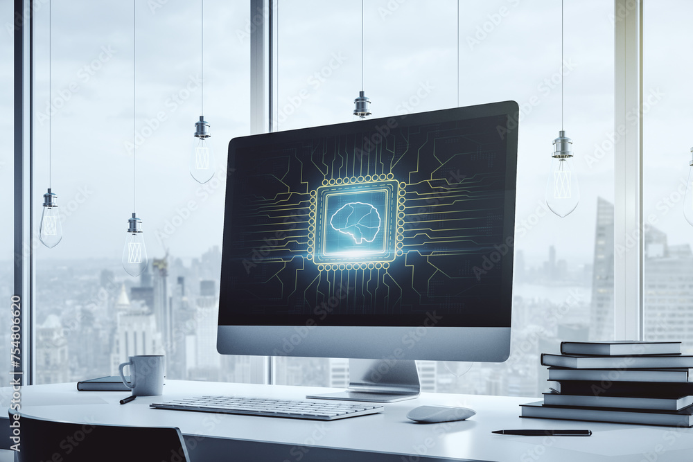 Leinwandbilder modern computer monitor with creative artificial intelligence symbol. neural networks and machine le