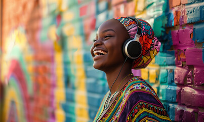 Inclusive image of a happy young gen-z black woman smiling and listening to music through headphones, vivid colours, colourful brick background	
