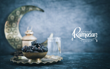Ramadan Kareem Iftar party greeting poster, Dates with glass of water on the table, Ramadan...
