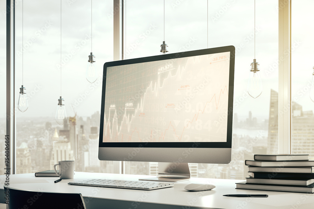 Poster modern computer display with abstract financial graph, financial and trading concept. 3d rendering