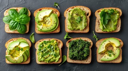 Set of various vegetarian avocado sandwiches - obrazy, fototapety, plakaty