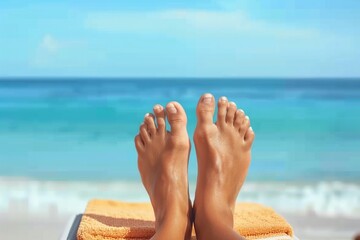 Vacation holidays. Woman feet closeup of girl relaxing on beach on sunbed enjoying sun on sunny summer day. generative ai.