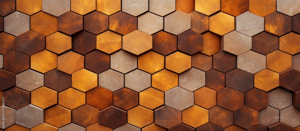 Poster a detailed view of a wall composed of hexagonal tiles, showcasing the intricacy of the tile texture.