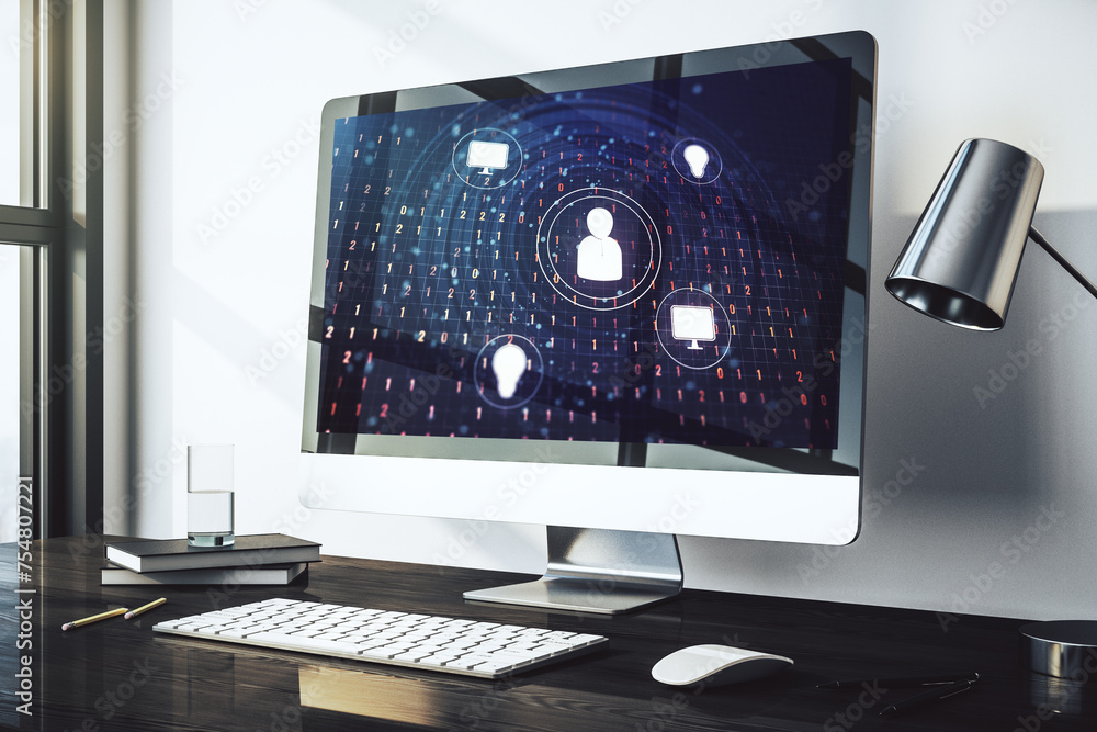 Aufkleber Modern computer display with social network icons concept. Networking concept. 3D Rendering