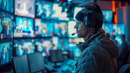 Obraz premium Working in a control room is a TV operator.