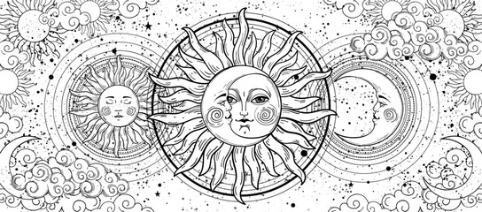 Mythical universe coloring book, solar and lunar eclipse, peace of mind concept, magic astrology banner, tarot background. Crescent and sun with a face on a white background with stars. Vector 