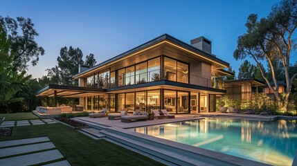 Fototapeta premium A modern house design on a hill overlooking the natural view.