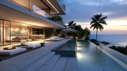 A modern house design on a hill overlooking the ocean.