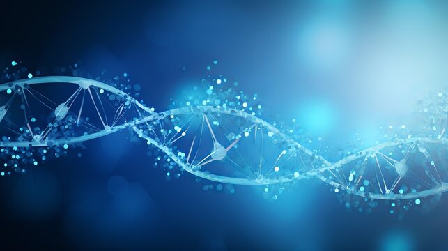 The image combines DNA with medical and technology backgrounds, presenting a futuristic molecule structure.
