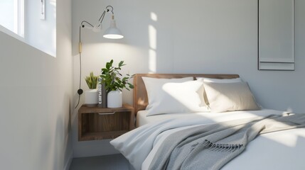 Fototapeta na wymiar Elegant Minimalist Bedroom with Floating Nightstand and Soft Gray Bedding