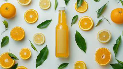This image showcases a neatly arranged bottle of fresh orange juice surrounded by halved and whole oranges, symbolizing cleanliness and healthy living - Powered by Adobe