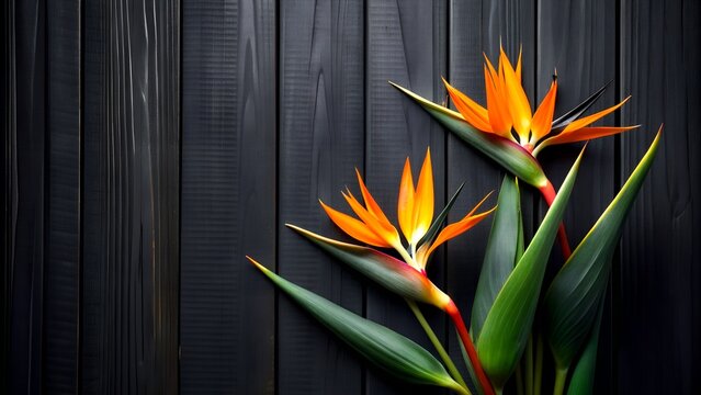 Bird of Paradise Flowers Against a Dark Wood Background, Exotic and Bold. Strelitzia flowers on black wood background. Free space for text or promotional product.