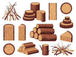 Cartoon firewood. Pile of cut wooden logs, firewood bundle for campfire or fireplace, tree trunk and branches. Vector isolated set
