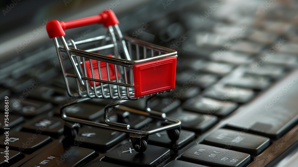 Poster an empty shopping cart on computer keyboard.