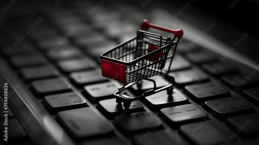 Poster An Empty Shopping Cart On Computer Keyboard.
