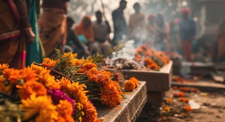 Traditional Hindu Funeral Ceremony by the Ganges River in Varanasi, India - obrazy, fototapety, plakaty