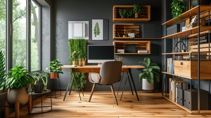 Fototapeta na wymiar Spacious Home Office Interior in Grey Tones: A Stylish and Functional Workspace for Freelancers and Remote Workers