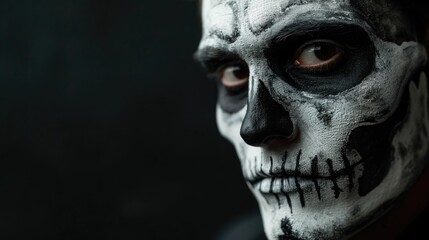 Spooky Skeleton Makeup: Halloween Man in Isolated Dark Setting with Copy Space