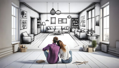 Happy and loving couple dreams of a new home" - ideal for articles or blogs targeting architects, real estate agents, the housing market, insurers, bankers, builders