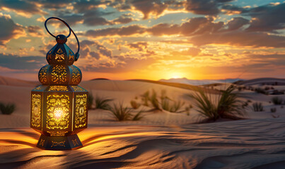 Illuminated golden oriental lantern lying on the sand in the desert dunes at sunset ,Generative AI