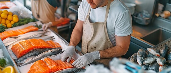 View from above shows owner wrapping fish while coworker works in market